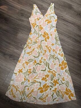 Sleeveless Floral V-Neck Maxi Dress in Pastel Yellow & Pink